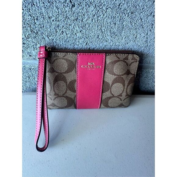Coach Handbags - Coach Corner Zip Wristlet In Signature Canvas Khaki Pink NWT